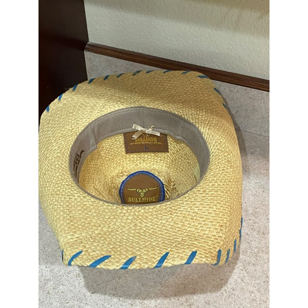 Bullhide Del Mar Straw Cowboy Hat W/Turquoise Accent & Leather Trimmed Band West - Picture 9 of 9